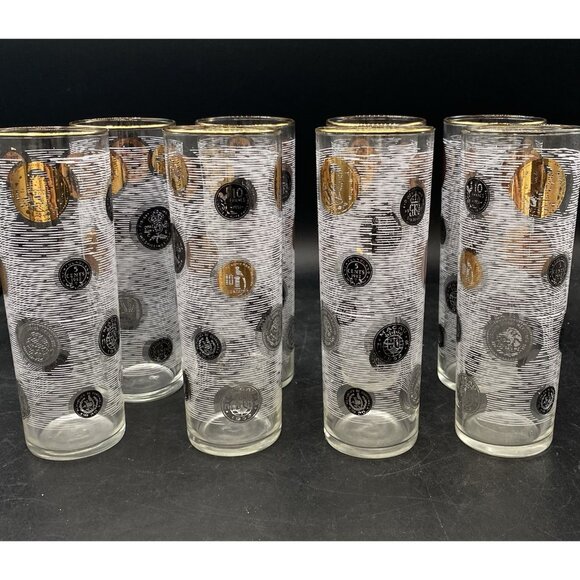MCM Libbey 22k Gold Trim Coin Tom Collins 7” Highball Bar Glasses Set Of 8 - Picture 10 of 12